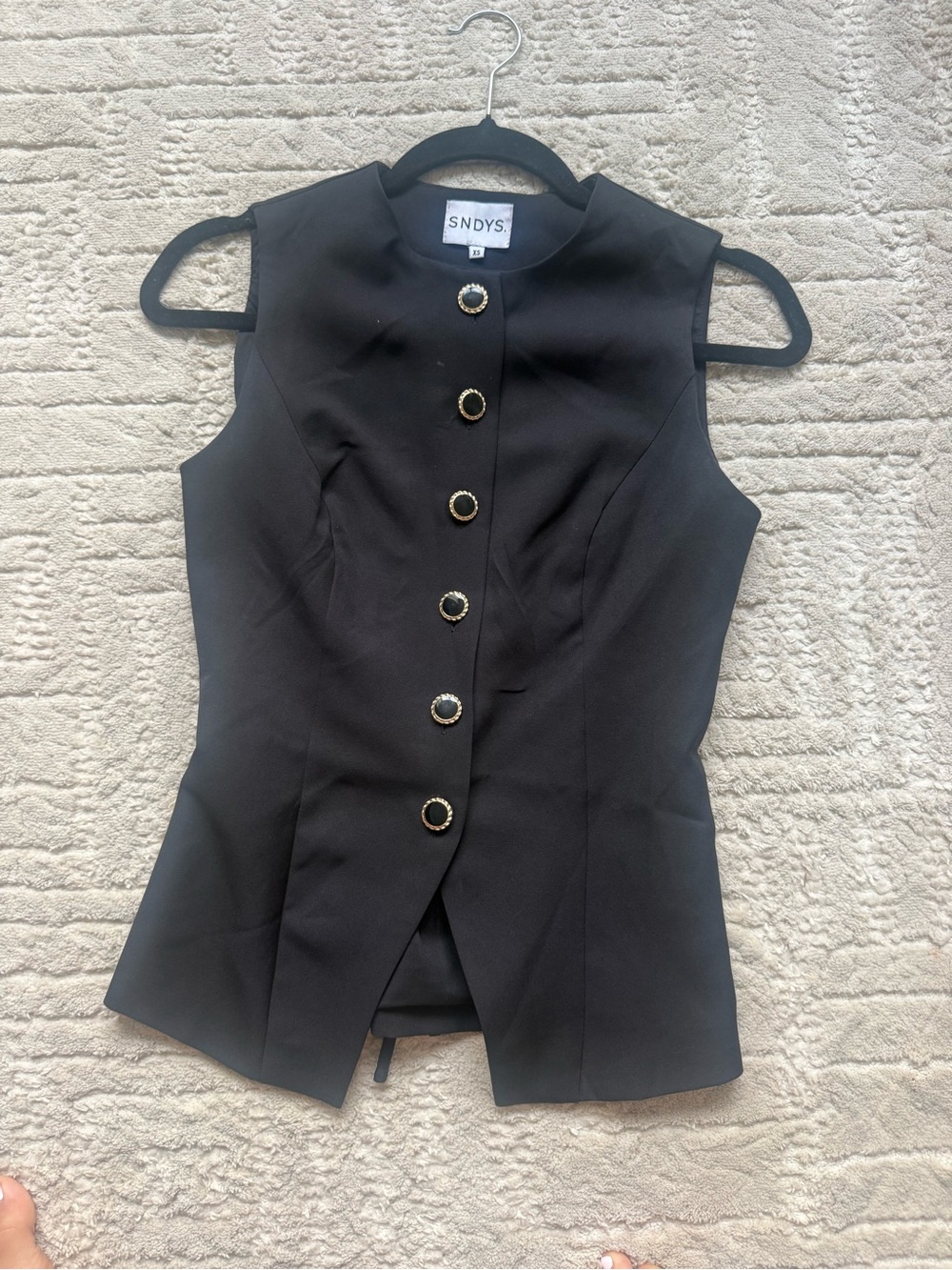 SNDYS Black Sleeveless Tailored Button Vest with Gold Trim